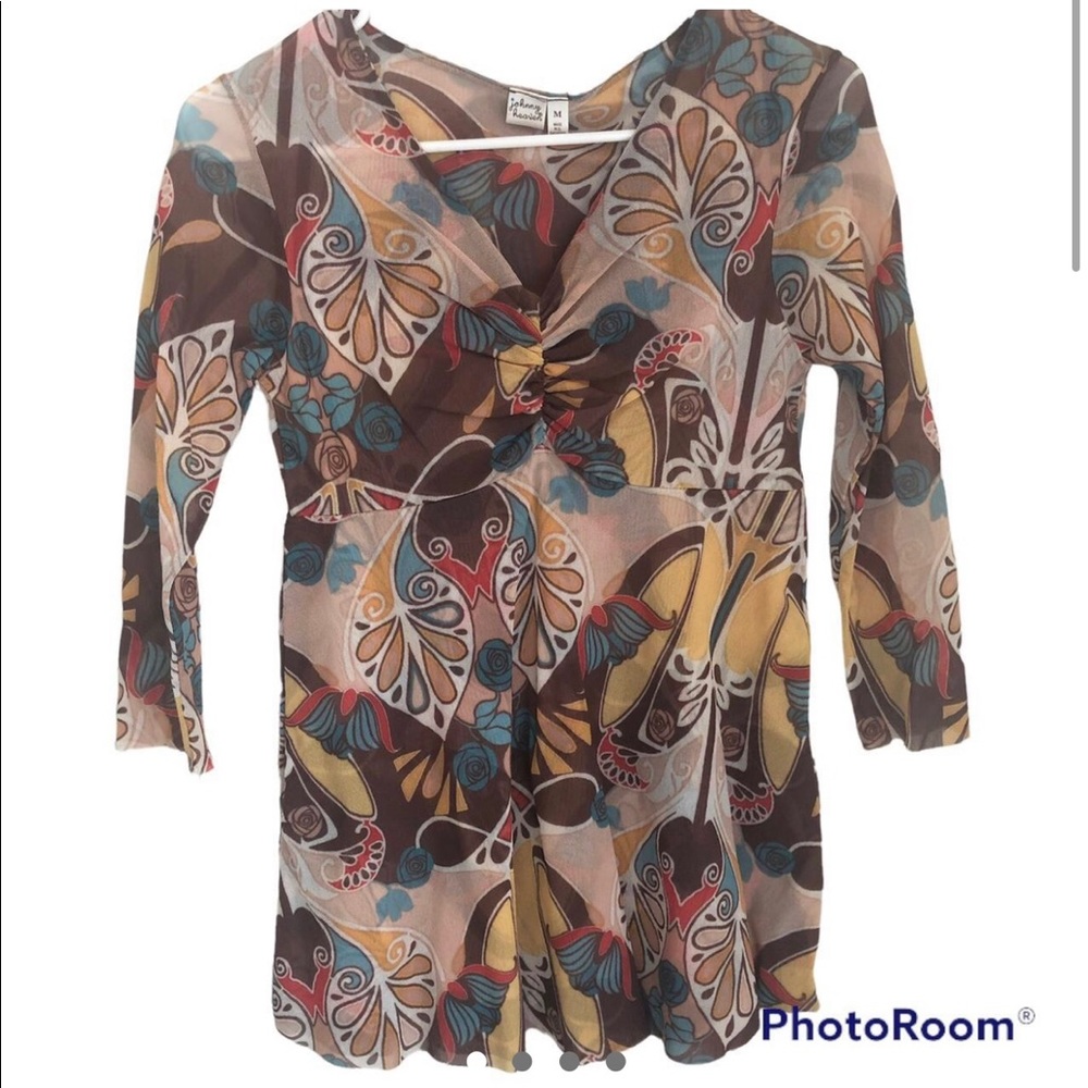 Y2K Johnny Heaven Retro Print Nylon Mesh Top Y1